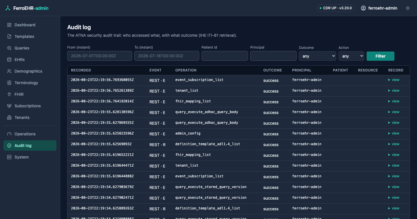 The audit browser in dark mode: the ATNA trail with its event-time, patient and outcome filters