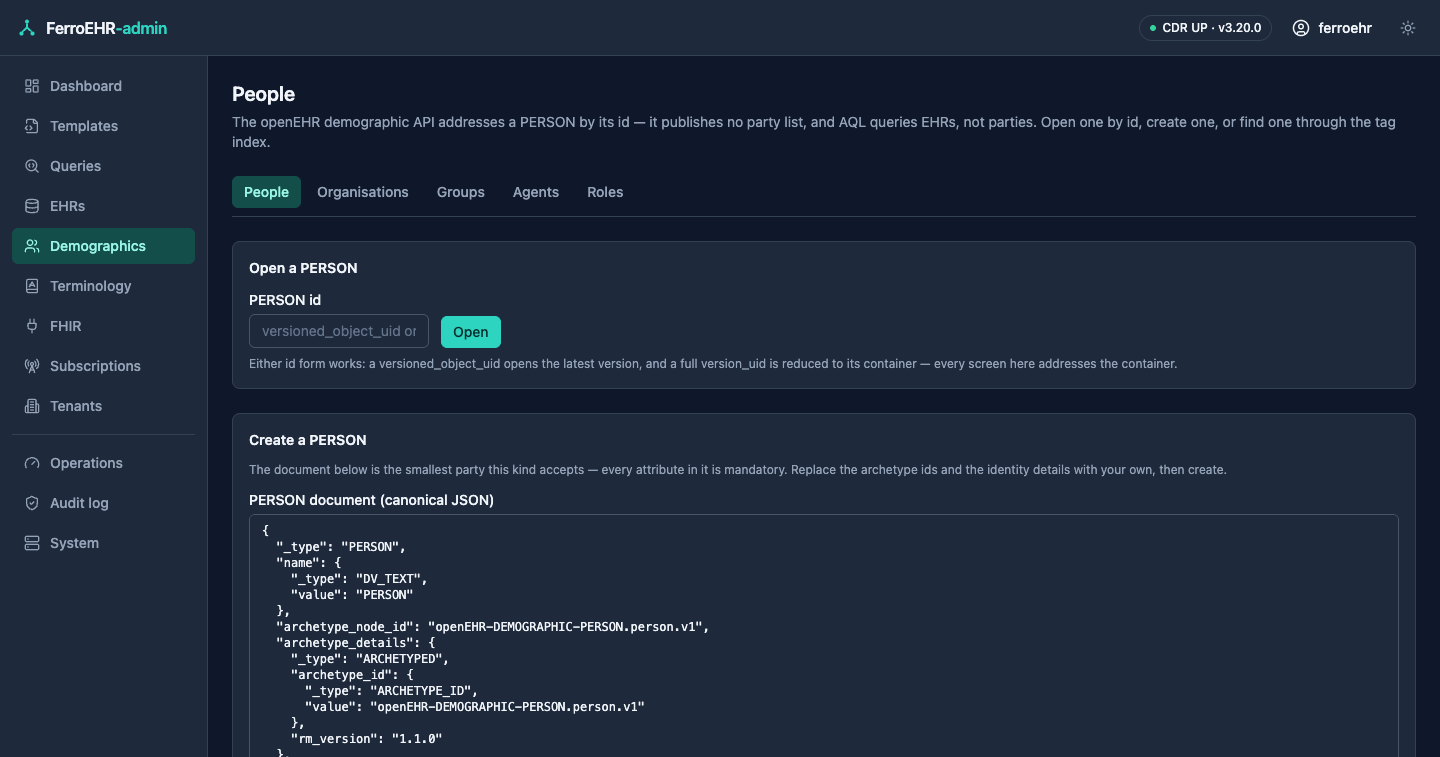 The demographics party browser in dark mode: the kind switcher, party lookup and create card