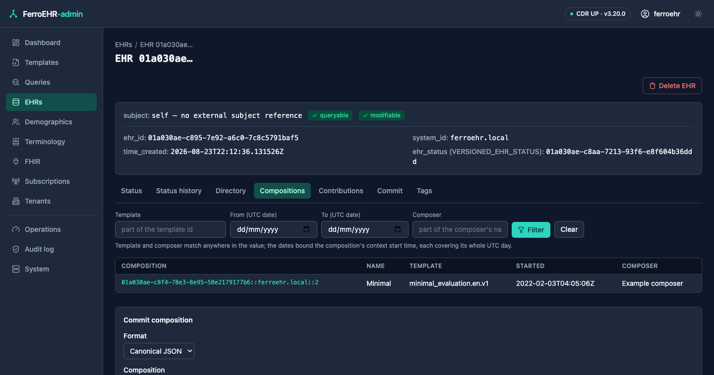 An EHR’s compositions tab in dark mode: the row filters and the composition listing
