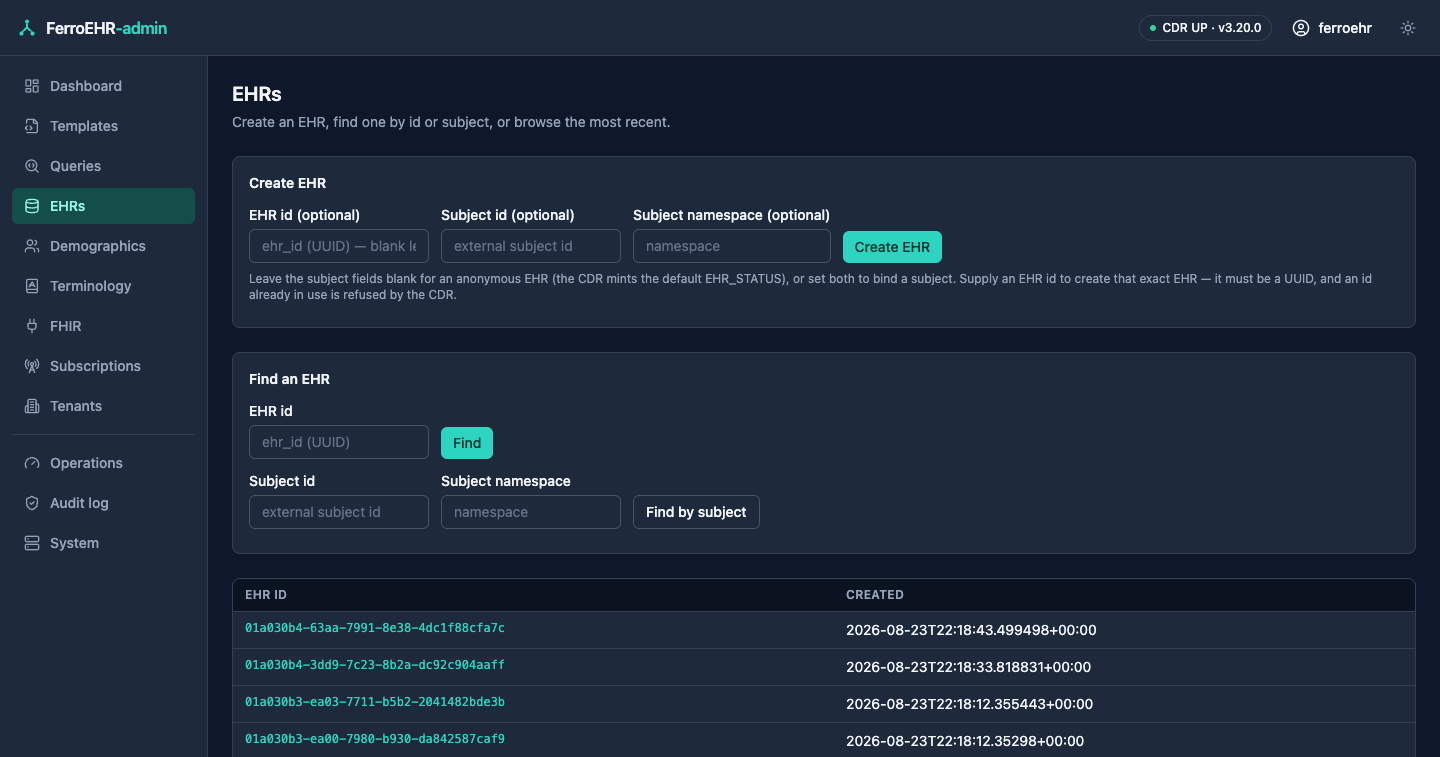 The EHR finder in dark mode: the subject lookup and the paged EHR listing