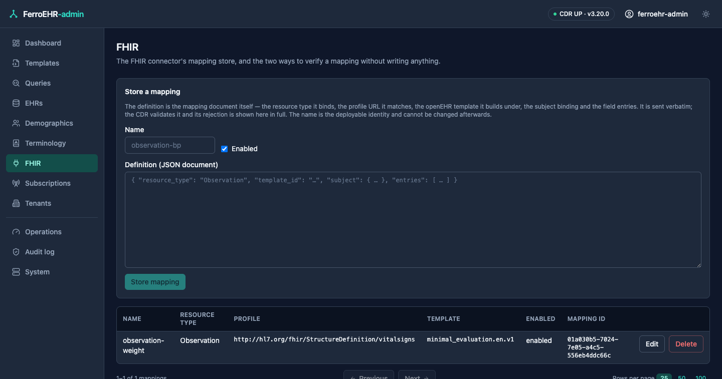 The FHIR connector admin in dark mode: the mapping store and the verification panels