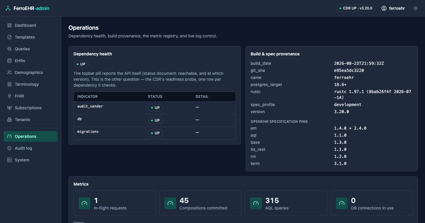 The operations panel in dark mode: dependency health, build provenance and the metric tiles