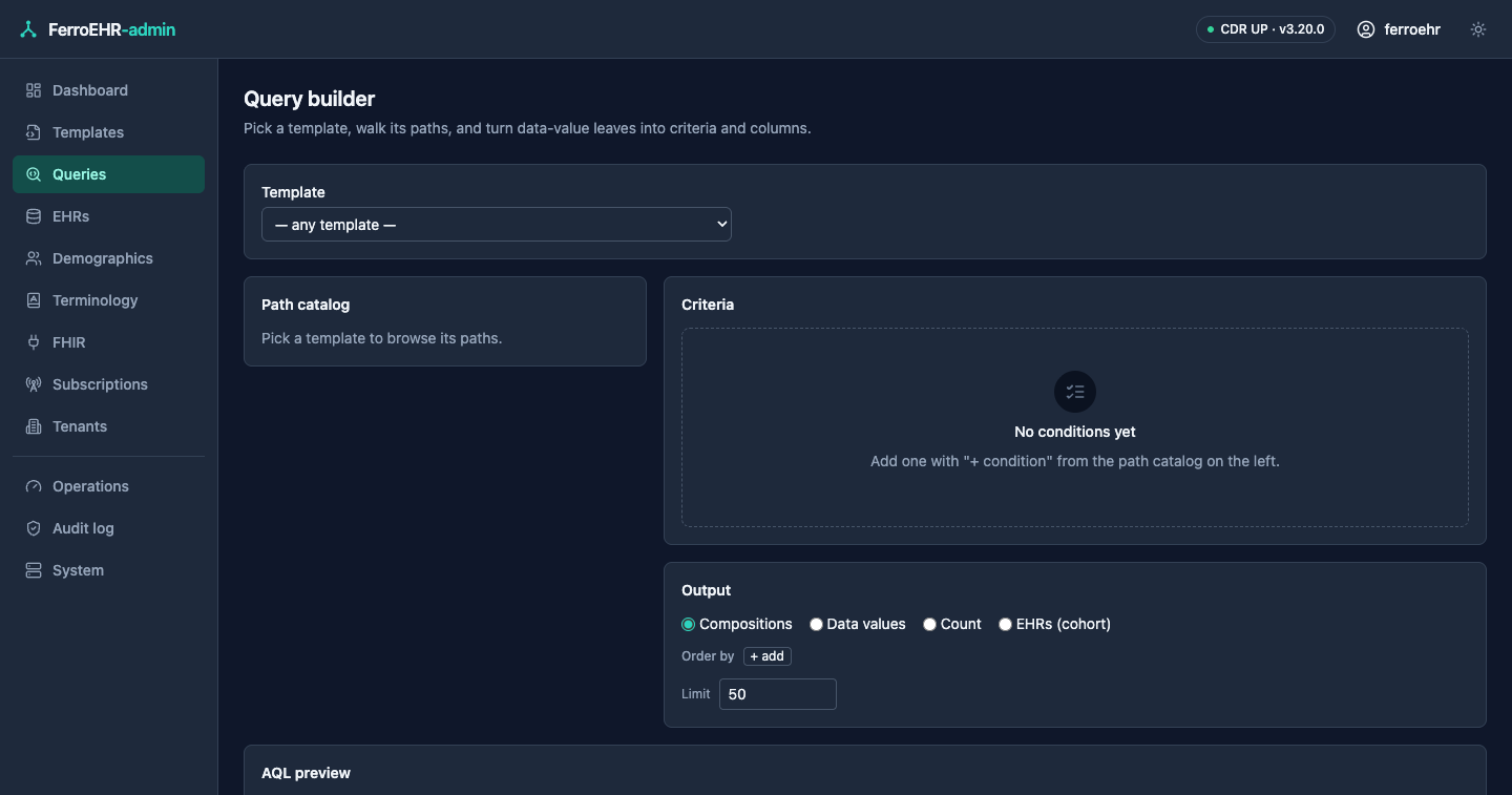The point-and-click query builder in dark mode: template picker, criteria rows and the generated AQL
