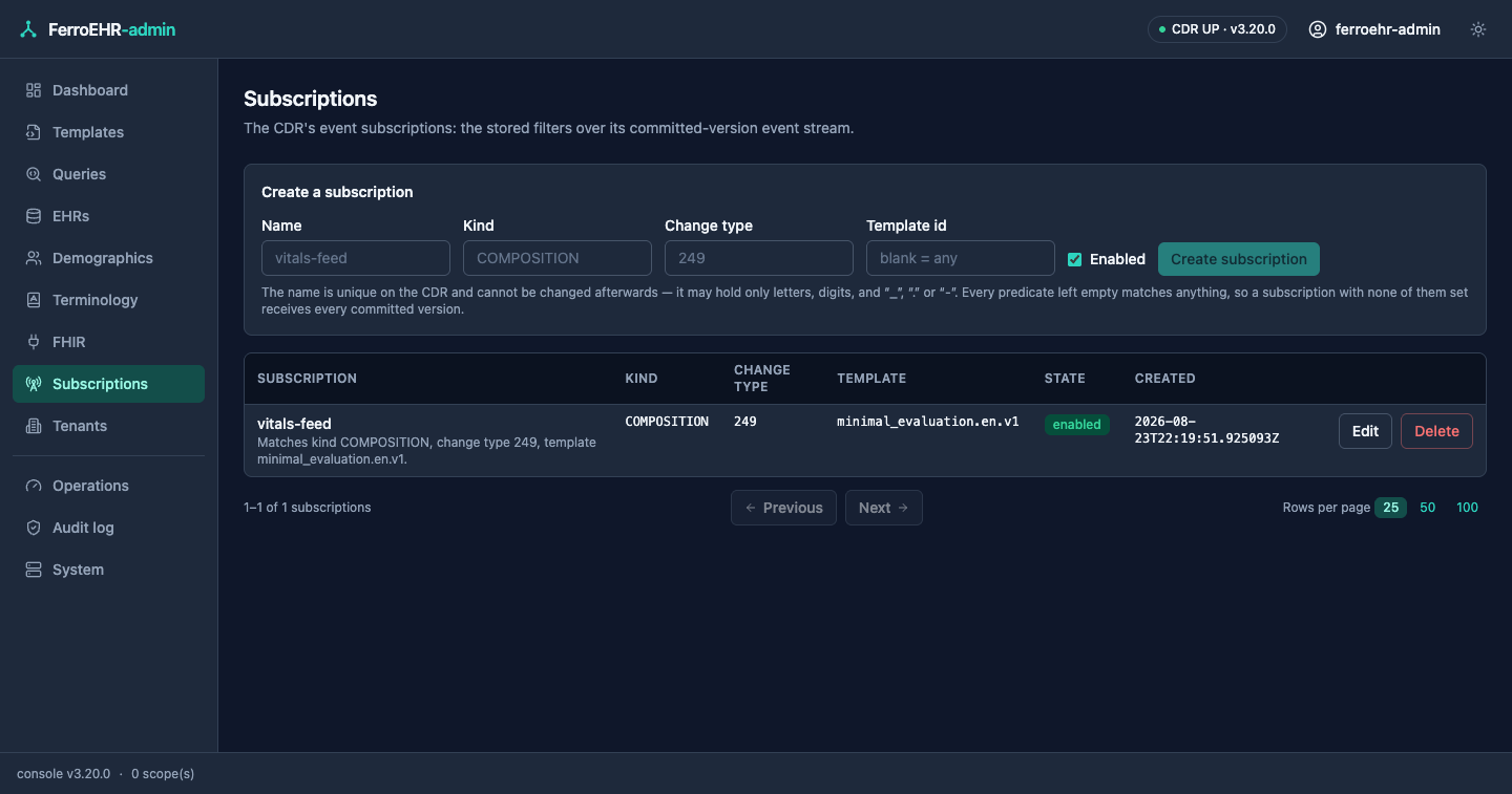 The event subscriptions screen in dark mode: the subscription table and its predicates