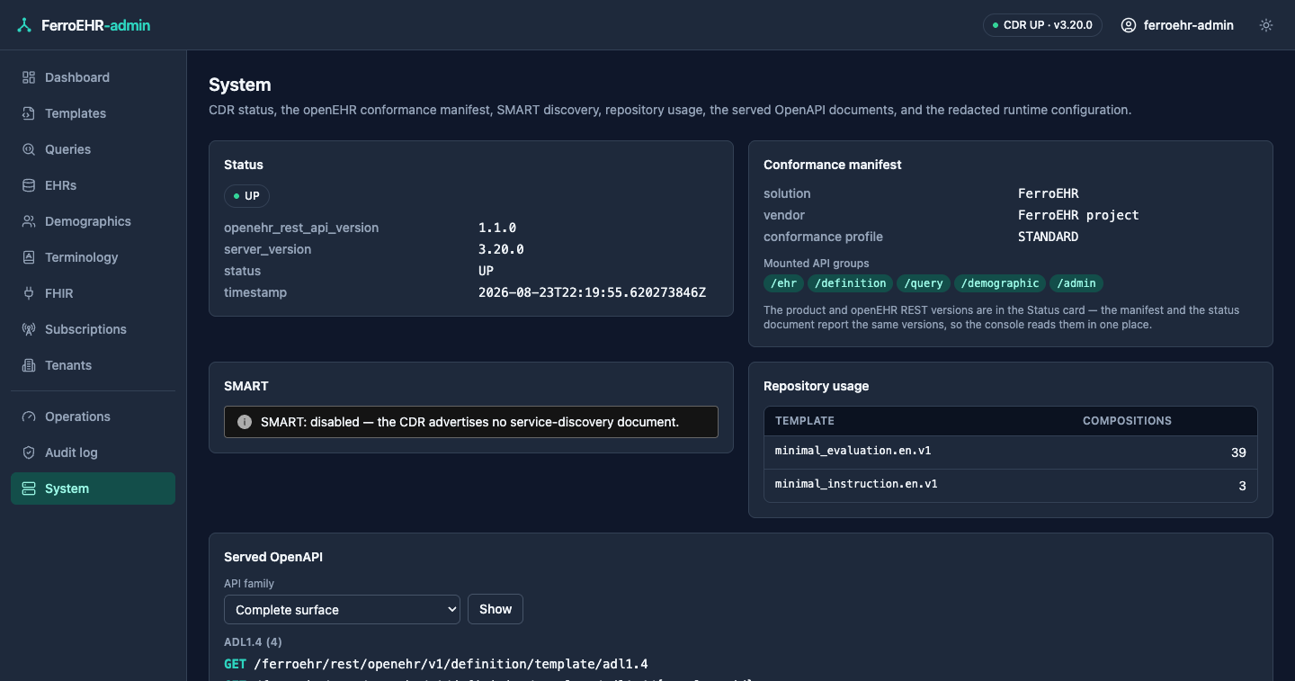 The system screen in dark mode: CDR status, the conformance manifest and the served OpenAPI documents