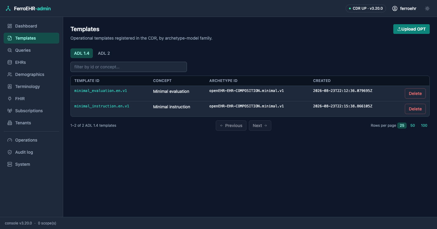 The templates screen in dark mode: the operational-template listing with its upload card
