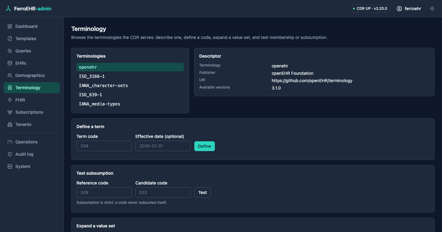 The terminology browser in dark mode: the selected terminology’s descriptor card and its lookups