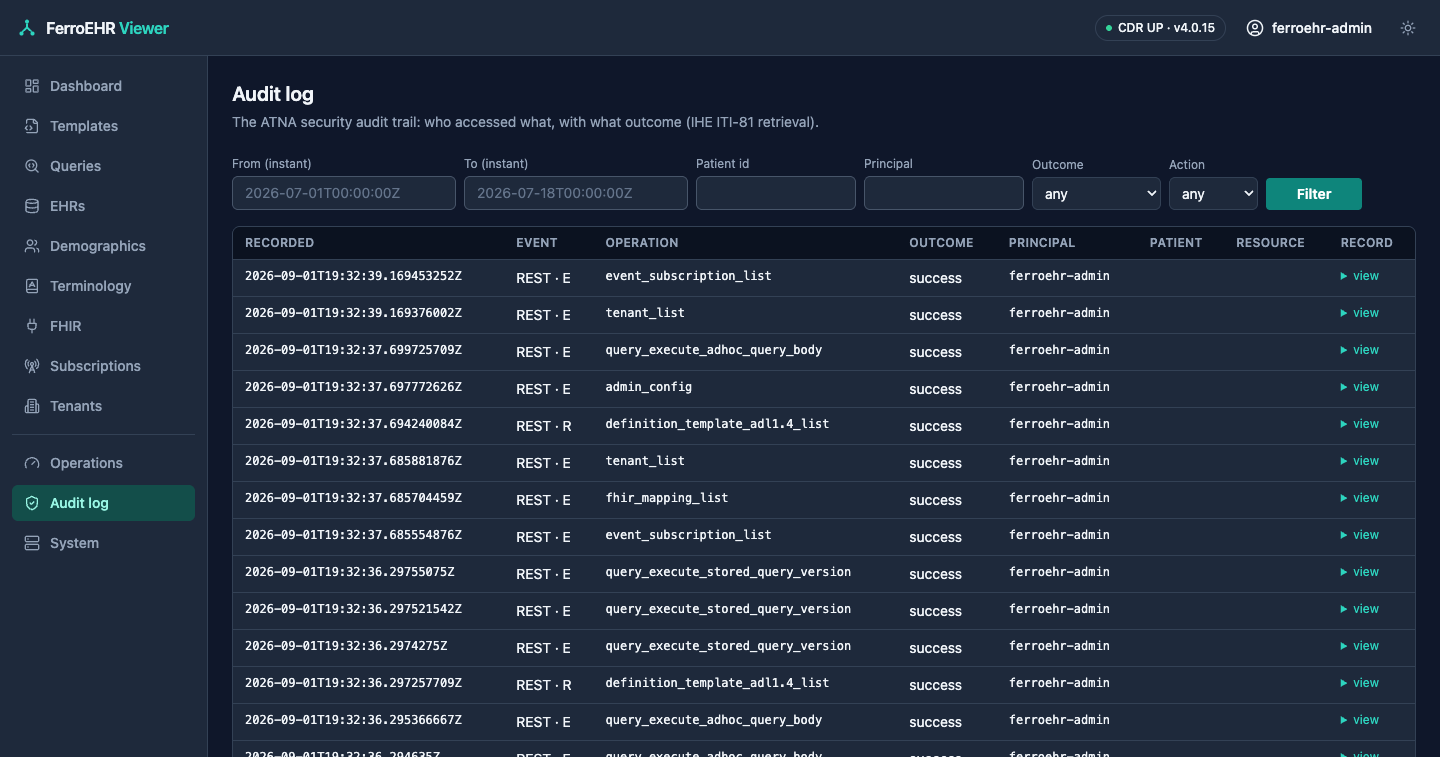 The audit browser in dark mode: the ATNA trail with its event-time, patient and outcome filters