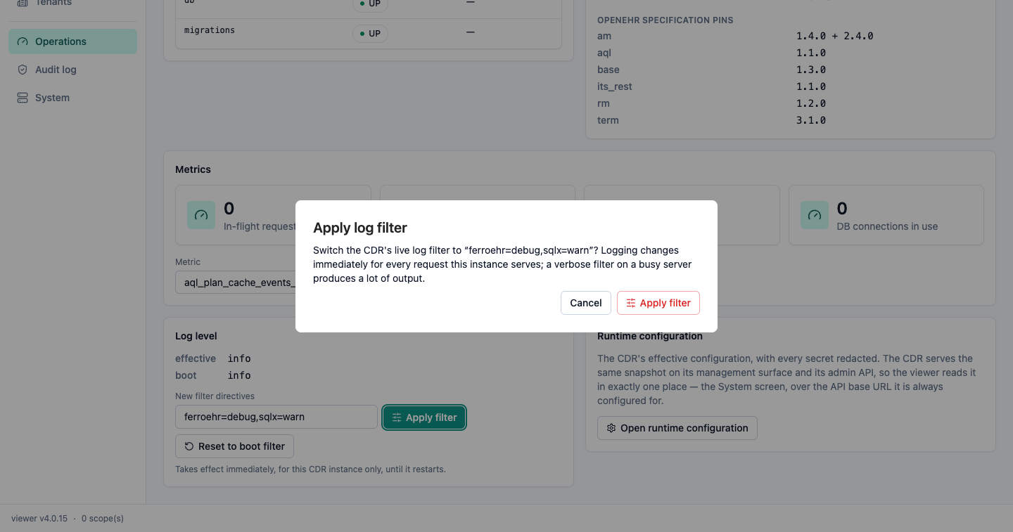 Operations panel — log filter confirmation
