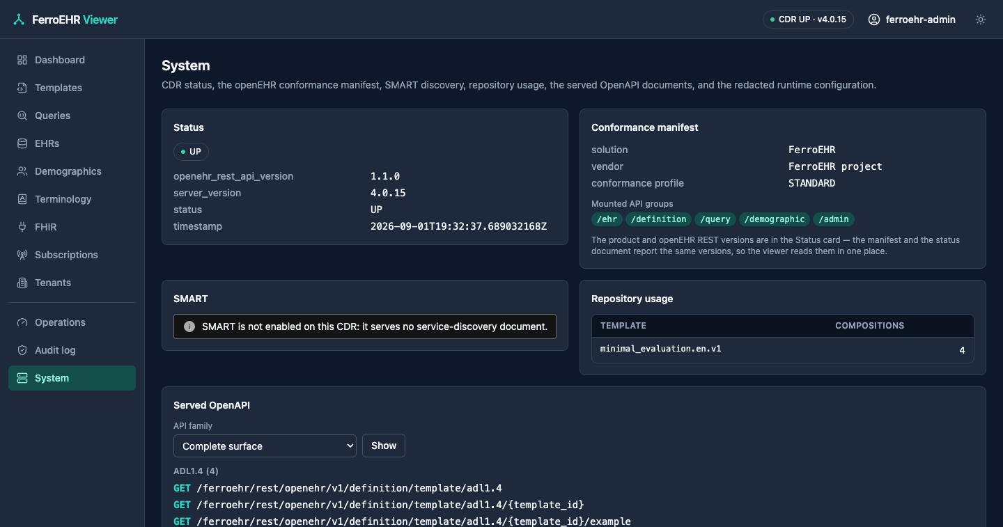 The system screen in dark mode: CDR status, the conformance manifest and the served OpenAPI documents