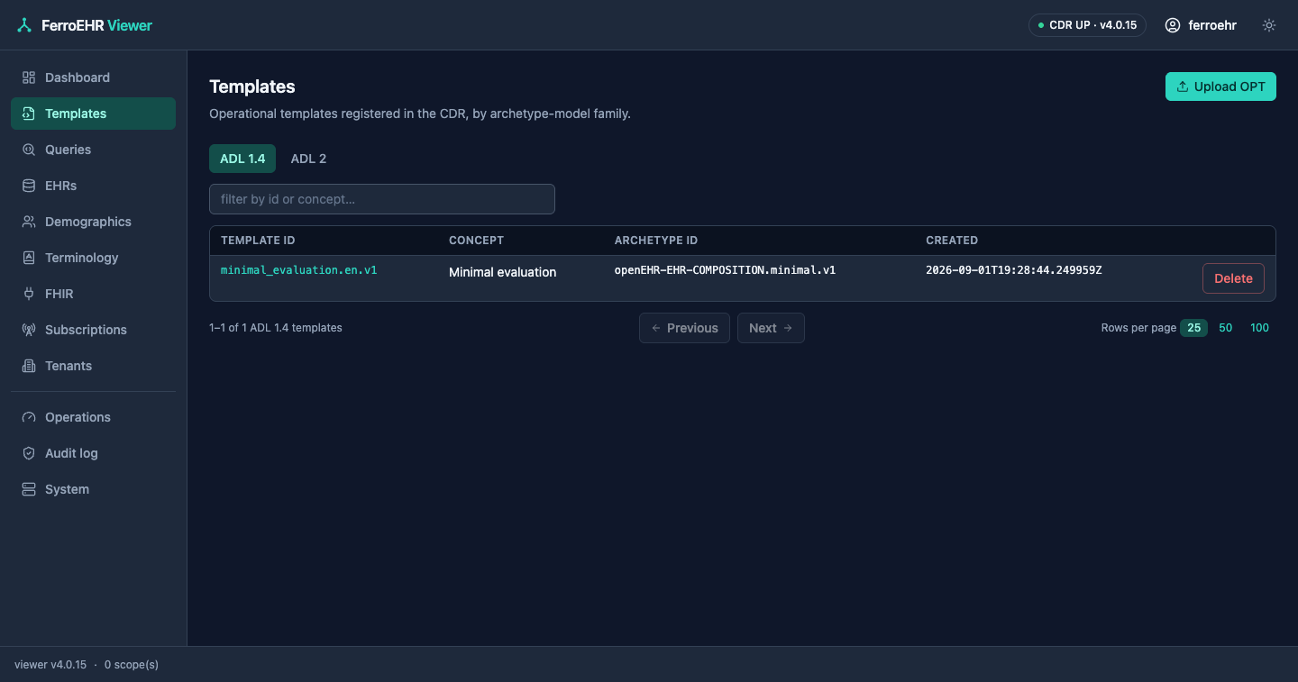 The templates screen in dark mode: the operational-template listing with its upload button