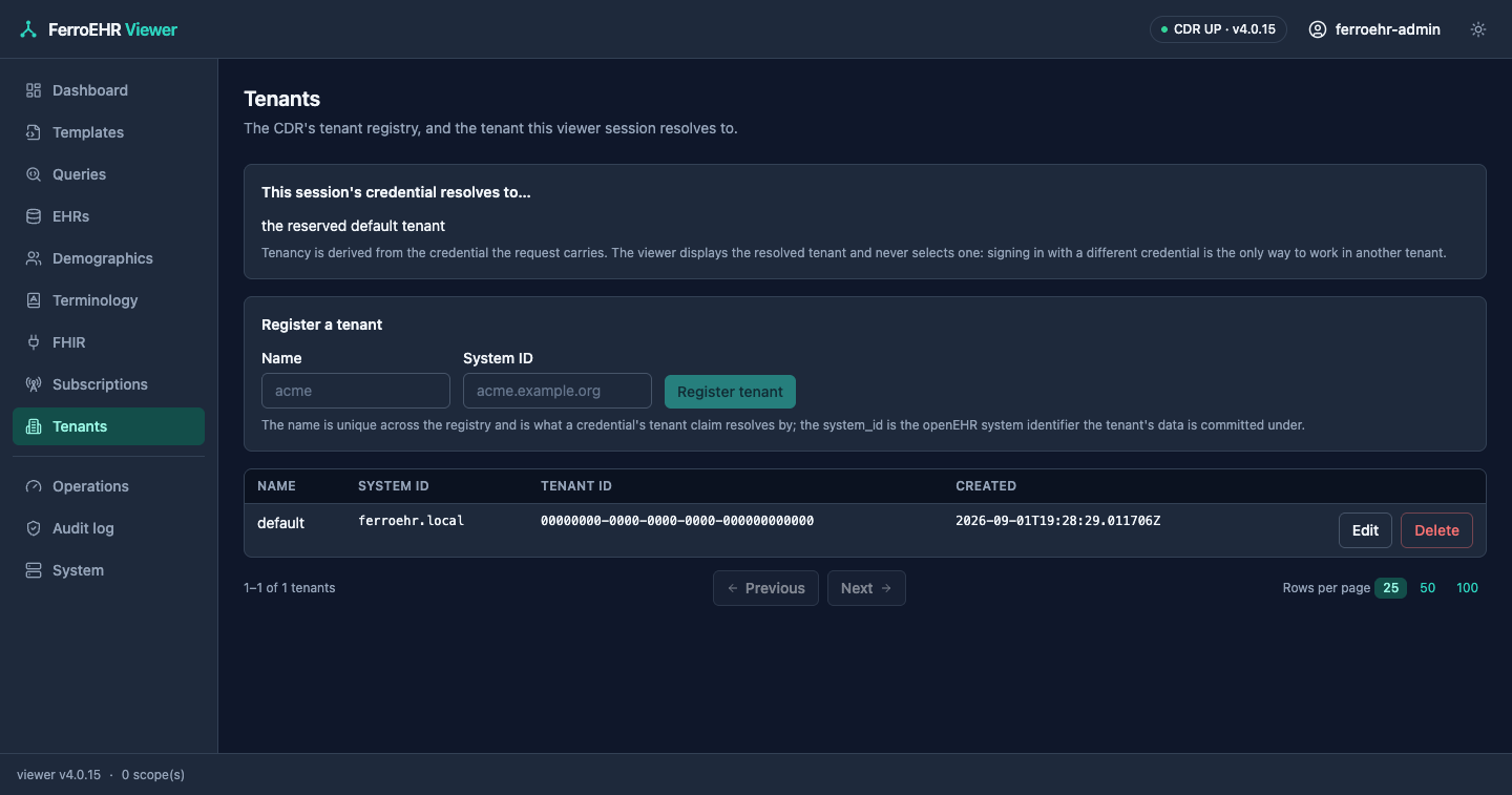 The tenant registry in dark mode: the registered tenants and the tenant this session resolves to