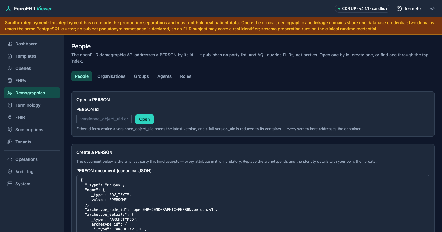 The demographics party browser in dark mode: the kind switcher, party lookup and create card