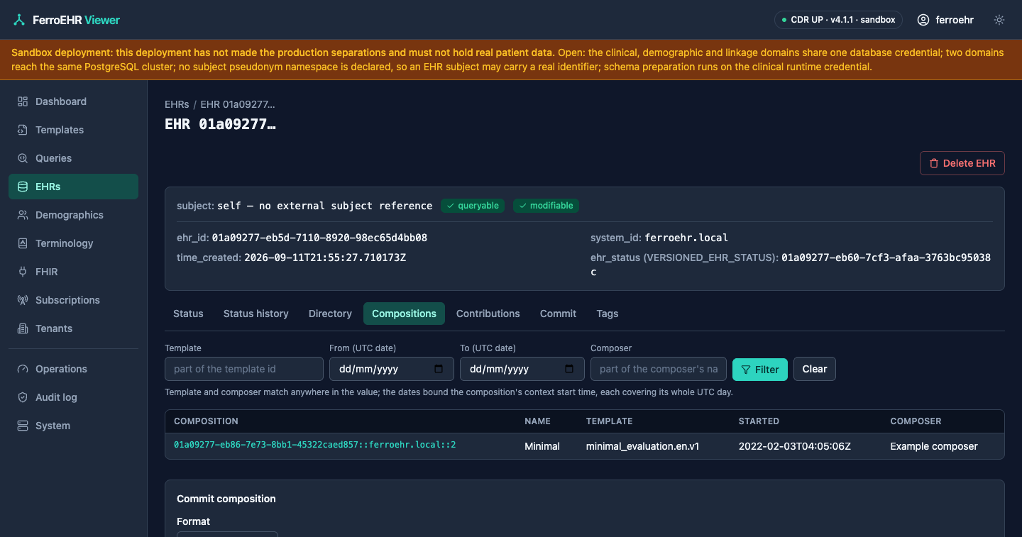 An EHR’s compositions tab in dark mode: the row filters and the composition listing