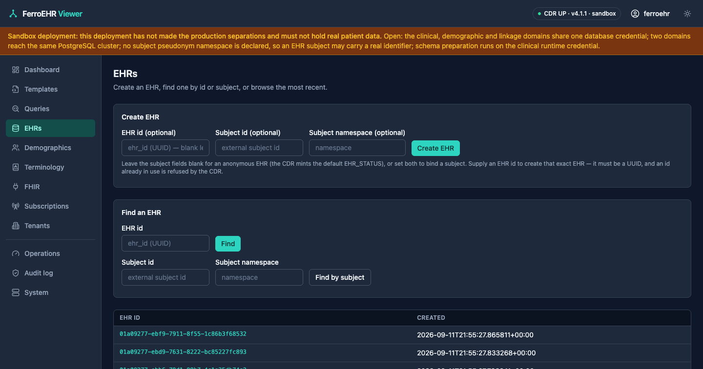 The EHR finder in dark mode: the subject lookup and the paged EHR listing