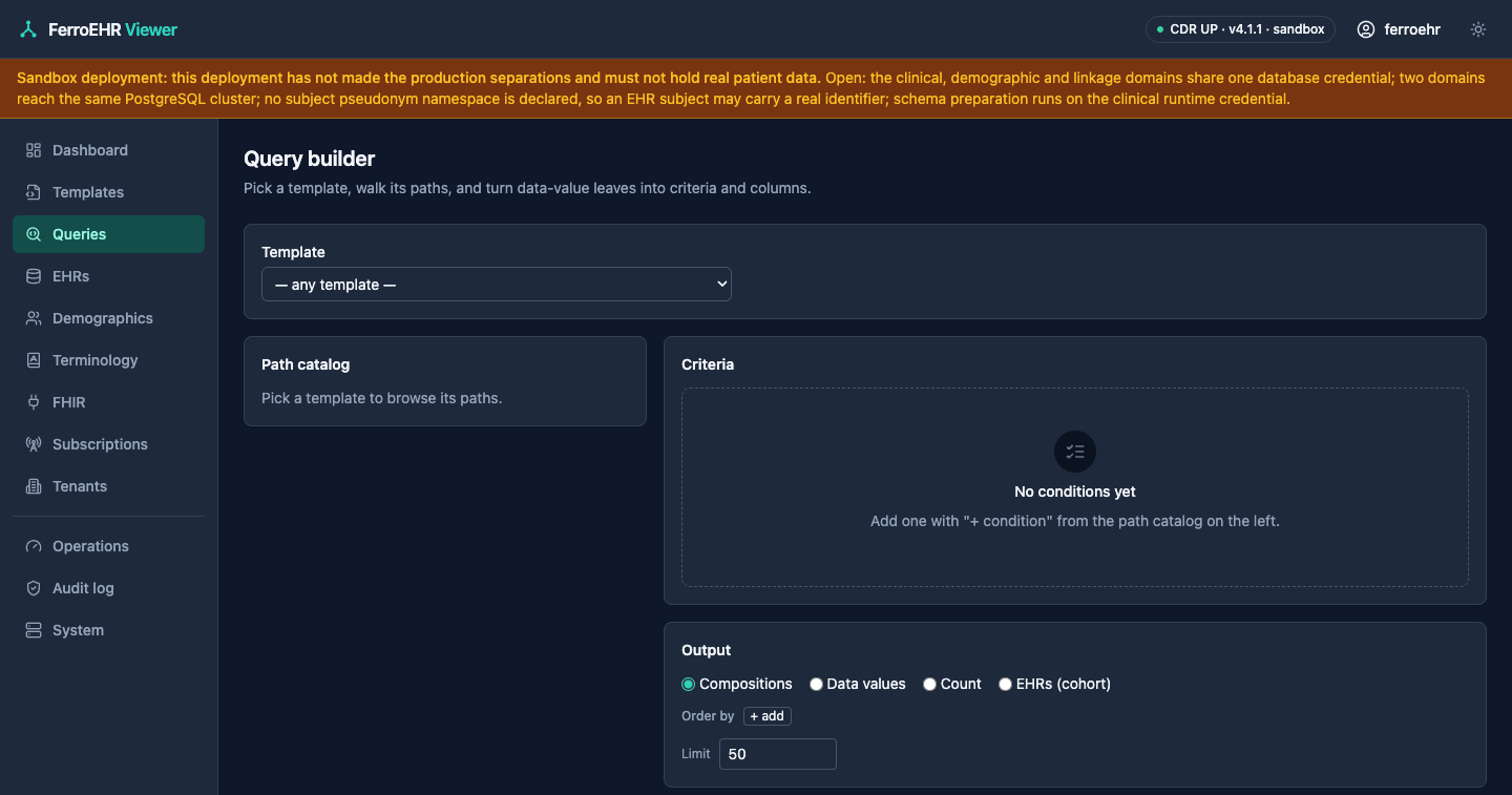 The point-and-click query builder in dark mode: template picker, criteria rows and the generated AQL