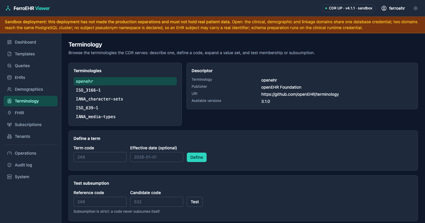 The terminology browser in dark mode: the selected terminology’s descriptor card and its lookups